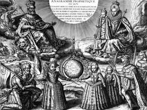 Fransk kongefamilie i 1607 (propaganda): Den franske kong Henri IV og hans hustru dronning Marie de Medicis holder deres datter Christine ; nederst : deres andre børn : fremtiden Ludvig XIII, Elisabeth og Henriette-Marie. På r : kongen fulgte af hans syge af Leonard Gaultier