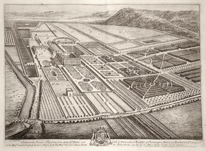 Chatsworth House, sæde for William Cavendish (1640-1707) 1. hertug af Devonshire, indgraveret af Johannes Kip (ca. 1652-1722)