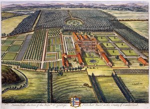 Hutton Hall i county of Cumberland graveret af Johannes Kip (ca. 1652-1722)
