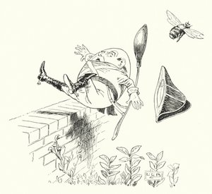 Humpty Dumpty sad på en væg (gravering)