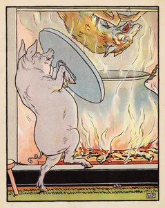 Illustration til De tre små grise (farvelitografi) af Leonard Leslie Brooke