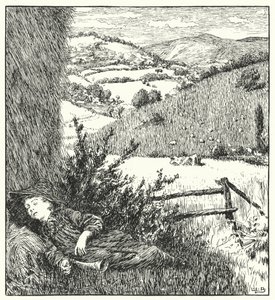 Lille dreng blå, kom, blæs dit horn op (gravering) af Leonard Leslie Brooke