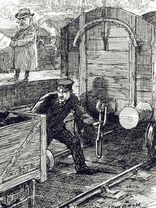 En tegneserie, der kommenterer jernbanearbejderes ulykker. Illustreret af Leonard Raven-Hill (1867-1942), en engelsk kunstner, illustrator og tegneserieskaber fra det 20. århundrede. af Leonard Raven Hill