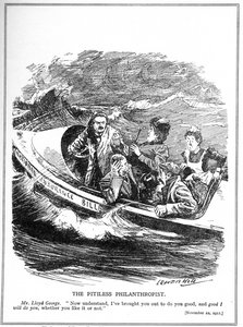Lloyd George, afbildet som en redningsbådsejler, møder modstand mod sin National Insurance Act, 1911