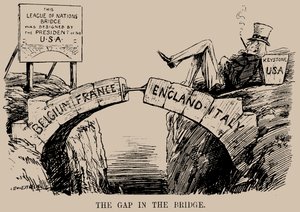 Kløften i broen. Tegnefilm om USAs fravær i Folkeforbundet, december 1919.