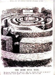 Hjemmestyrets labyrint. Mr. Asquith: "Undskyld, Sir, men prøver du at komme ind eller ud?" Mr. Bonar Law: "Lige hvad jeg ville spørge dig, sir" fra "Punch" magasin, bind CXLV s.401, pub. 12. november af Leonard Raven Hill