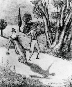 Peter, skræmmende Shadow less man, illustration til Peter Schlemihls mirakuløse historie, novelle af Adalbert von Chamisso (1781-1838), litografi efter maleri af Leonardo Borgese (1904-1986), udgivet af Modiano af Leonardo Borgese