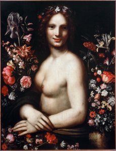 Buste af en ung kvinde kaldet Flora (Flora) blandt blomsterne. Modellen ville være Mona Lisa (Mona eller Monna Lisa) maleri efter en tegning af Leonardo da Vinci (Leonard de Vinci) (1452-1519) 17. århundrede Bergamo, accademia Carrara af Leonardo da (after) Vinci
