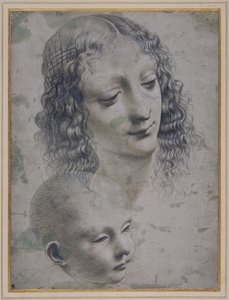 Hovedet af en kvinde og hovedet af en baby (metalspids på gråt forberedt papir) af Leonardo da (follower of) Vinci