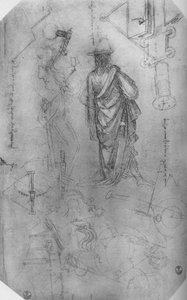 En draperet figur, undersøgelser af maskiner osv., c1480 1945 af Leonardo da Vinci
