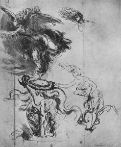 En engel placerer et skjold på et trofæ og separate studier af englen, c1480 1945 af Leonardo da Vinci