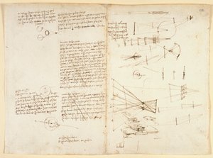 Arundel 263 f.115v, f.112 Noter, skitser og et diagram over øjets egenskaber, c.1490 (pen & blæk på papir) af Leonardo da Vinci