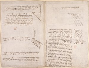 Arundel 263, f.120v, f.121 Noter og diagrammer om mekanik, vedrørende væskers hastighed, c.1503-6 (pen & blæk på papir) af Leonardo da Vinci