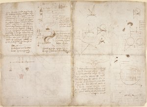 Arundel 263, f.135v, f.134, Noter og diagrammer om mekanik; noter og skematiske skitser om flodløb og vandløb, fra 
