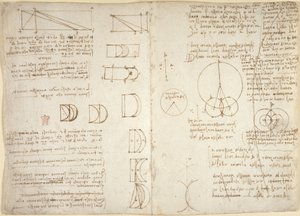 Arundel 263, f.222v, f.219, Tegninger på de mekaniske kræfter og kræfter, slagtøj, tyngdekraft, bevægelse, optik og astronomi, med forskellige aritmetiske og geometriske forslag (pen & blæk på papir) af Leonardo da Vinci