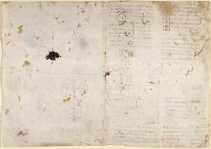 Arundel 263, f.225v, f.230 Tegninger på de mekaniske kræfter og kræfter, slagtøj, tyngdekraft, bevægelse, optik og astronomi, med forskellige aritmetiske og geometriske forslag (pen & blæk på papir) af Leonardo da Vinci