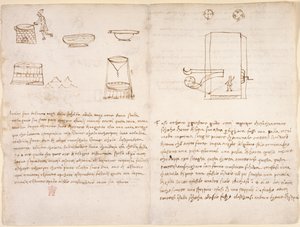Arundel 263, f.259v, f.260 Noter og grove skitser om processen med at fremstille salpeter til at forberede krudt (ikke i Leonardos hånd) (pen og blæk på papir) af Leonardo da Vinci