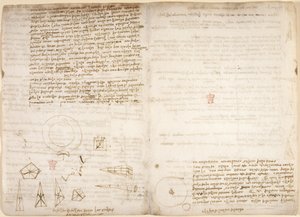 Arundel 263, f.266v, f.267 Noter om kosmologi (på hovedet); diagrammer, der illustrerer Leonardos observationer af tyngdepunktet, fra 