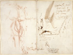 Arundel 263, f.275v, f.274 Planimetrisk skitse af floden Arno; noter om afstande og retninger af Leonardo da Vinci