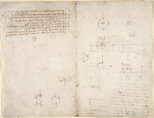 Arundel 263, f.35v, f.34 Tegninger på de mekaniske kræfter og kræfter, slagtøj, tyngdekraft, bevægelse, optik og astronomi, med forskellige aritmetiske og geometriske udsagn. af Leonardo da Vinci
