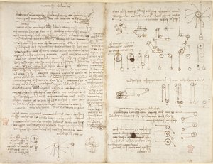 Arundel 263, f.43v, f.42, Noter og diagrammer om mekanik, med titlen 