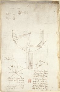 Arundel 263, f.85v Diagrammer over optik, angående refleksionens kaustik; note og skitse om mekanik, vedrørende slagtøjets kraft og med henvisninger til det aristoteliske princip 