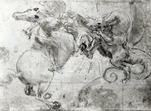 Kamp mellem en rytter og en drage, ca. 1482 (tegning med stylus, pen og pensel på papir) af Leonardo da Vinci
