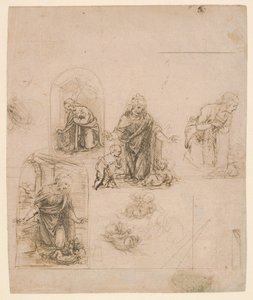 Kompositionsskitser til Jomfruen, der tilbeder Kristusbarnet, 1480-85 (sølvspids) af Leonardo da Vinci
