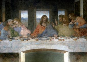 Detalje af Cene (Il Cenacolo (Ultima Cena)) repræsenterende til venstre apolerne Judas, Peter og Johannes, Kristus i midten og apolerne Thomas, Jakob den store og Filip. Bogstavet V mellem Johannes og Kristus ville referere til gralens bæger eller th af Leonardo da Vinci