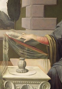 Detalje af Jomfru Maria, fra bebudelsen, 1472-75 olie på panel efter restaurering af Leonardo da Vinci