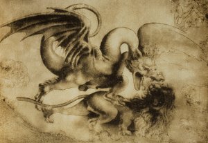 Drage dræber en løve, tegning af Leonardo da Vinci. Kabinet for tegninger og tryk, Uffizi Gallery, Firenze af Leonardo da Vinci