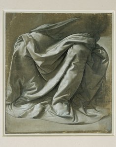 Draperi til en siddende figur, pensel og grå tempera, hvide highlights på gråt præpareret hørlærred ... af Leonardo da Vinci