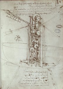 Tegning af flyvende fremdriftsmaskine. Manuskript af Leonard De Vinci (Leonardo da Vinci af Leonardo da Vinci