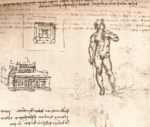 Tegning af planer for et slot og af en nøgen figur, vasket med indisk blæk, c1472-c1519 1883 af Leonardo da Vinci