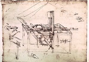 Uddrag af et Da Vinci-manuskript, der beskriver princippet og konstruktionen af en "hydraulisk sav med automatisk fremføring" (manuskript) af Leonardo da Vinci