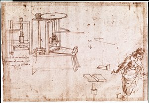 Uddrag af et Da Vinci-manuskript, der beskriver princippet og konstruktionen af en "pressemaskine" til trykning (manuskript) af Leonardo da Vinci