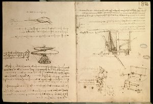 Flyvende maskiner, en af de første tegninger af en helikopterlignende flyvemaskine, ca. 1487 af Leonardo da Vinci