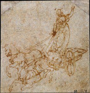 En gudinde, der står i en stridsvogn trukket af to heste, hvoraf den ene er ved at falde af Leonardo da Vinci