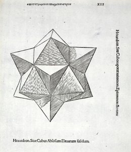 Hexaedron abscisum elevatum solidum, illustration fra "Divina Proportione" af Luca Pacioli (ca. 1445-1517), oprindeligt udgivet. Venedig, 1509 af Leonardo da Vinci