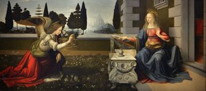 Italien Toscana Firenze, Uffizi-galleriet: Bebudelsen, Maleri af Leonardo da Vinci (1452-1519), Olie på træ, ca. 1472-1475, 98x217 cm af Leonardo da Vinci