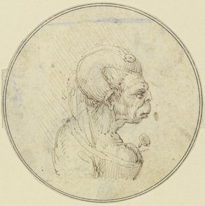 Karikatur af en ældre kvinde, brystbillede med en rose i brystet, set i profil mod højre af Leonardo da Vinci