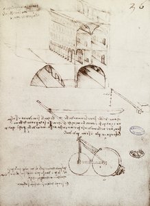 Manuskript B, f 36 r Arkitektstudier, udvikling og dele af bygninger i by med hævede gader (pen og blæk på papir) af Leonardo da Vinci