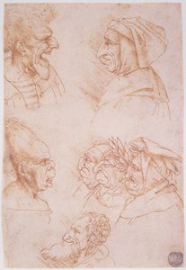 Syv studier af groteske ansigter (rødt kridt på papir) af Leonardo da Vinci