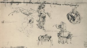 Ark med studier med en ung kvinde, en ulv, etc., c1480 1945 af Leonardo da Vinci