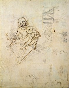 Studier for en jomfru og et barn og af hoveder i profil og maskiner, ca. 1478-80 (blyant og blæk på papir) af Leonardo da Vinci