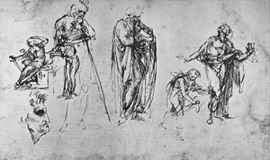 Studier af enkeltfigurer og af en profil, c1480 1945 af Leonardo da Vinci