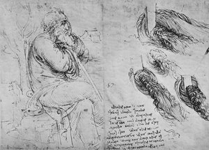 Studier af en siddende gammel mand og af hvirvlende vand, c1480 1945 af Leonardo da Vinci