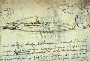 Studie af båd udstyret med en række årer af Leonard de Vinci (Leonardo da Vinci) (1452 - 1519). Tegning med pen og blæk. Manuskript. Institut de Frances bibliotek. Paris. af Leonardo da Vinci