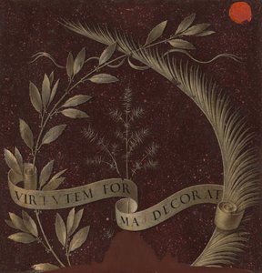 Laurbærkrans, palme og enebær med en rulle indskrevet Virtutem Forma Decorat [omvendt], ca. 147 af Leonardo da Vinci