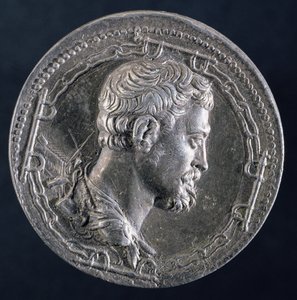 Bagsiden af medaljonen af Andrea Doria forestiller kunstneren omgivet af lænker af en fange og med en kabys i baggrunden, ca. 1541 (sølv) (se 122337 for forside)